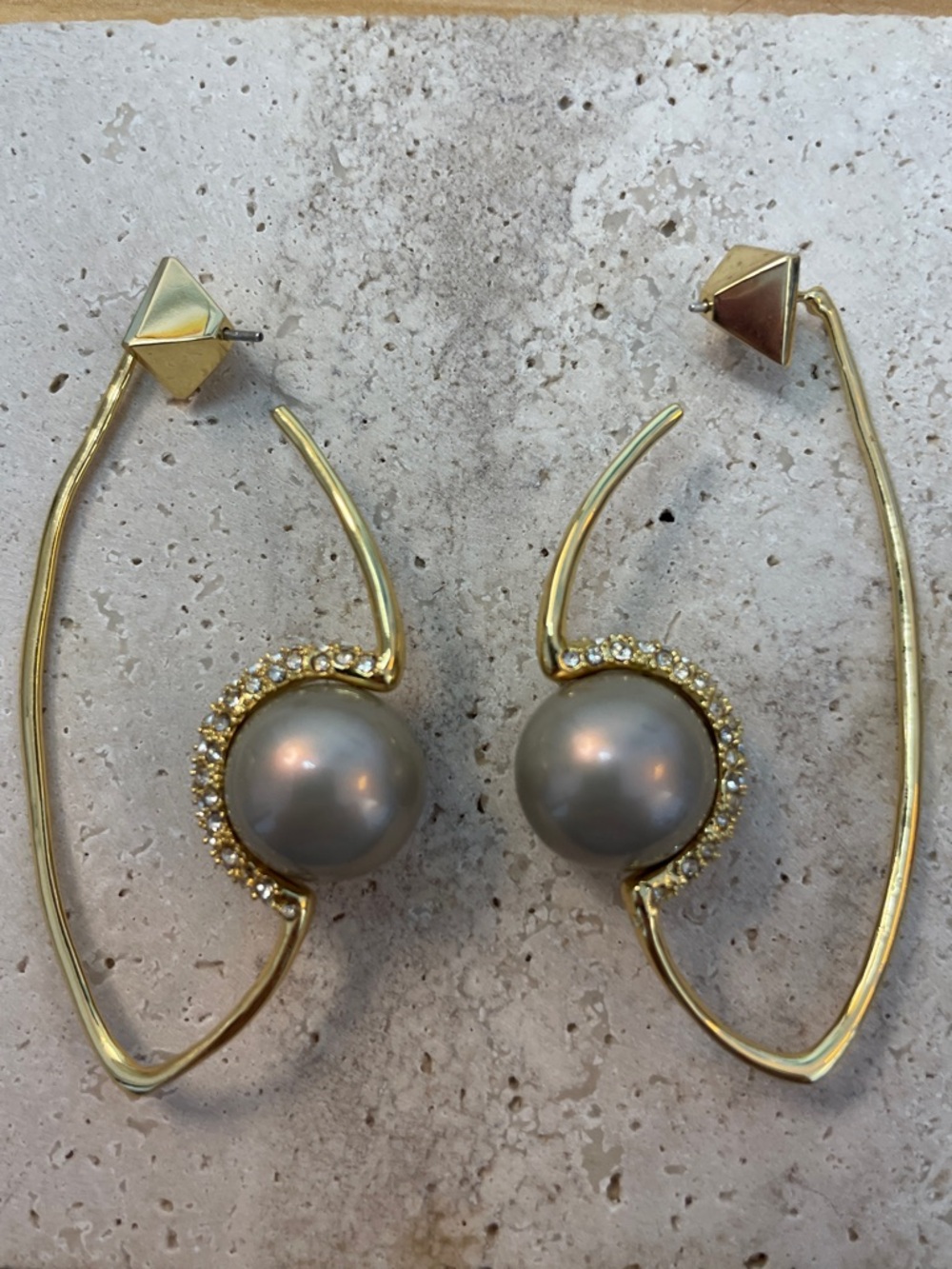 Alexis Bittar Gold Sculptural Hoop Earrings Gray Pearl Crystal Statement
